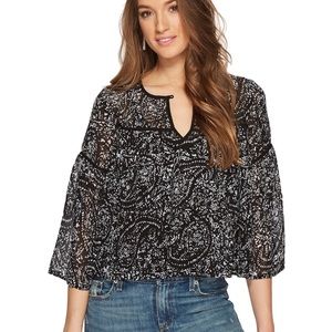 Lucky Brand Sheer Flowy Boho Top XS  Black and white Floral Bell Sleeves